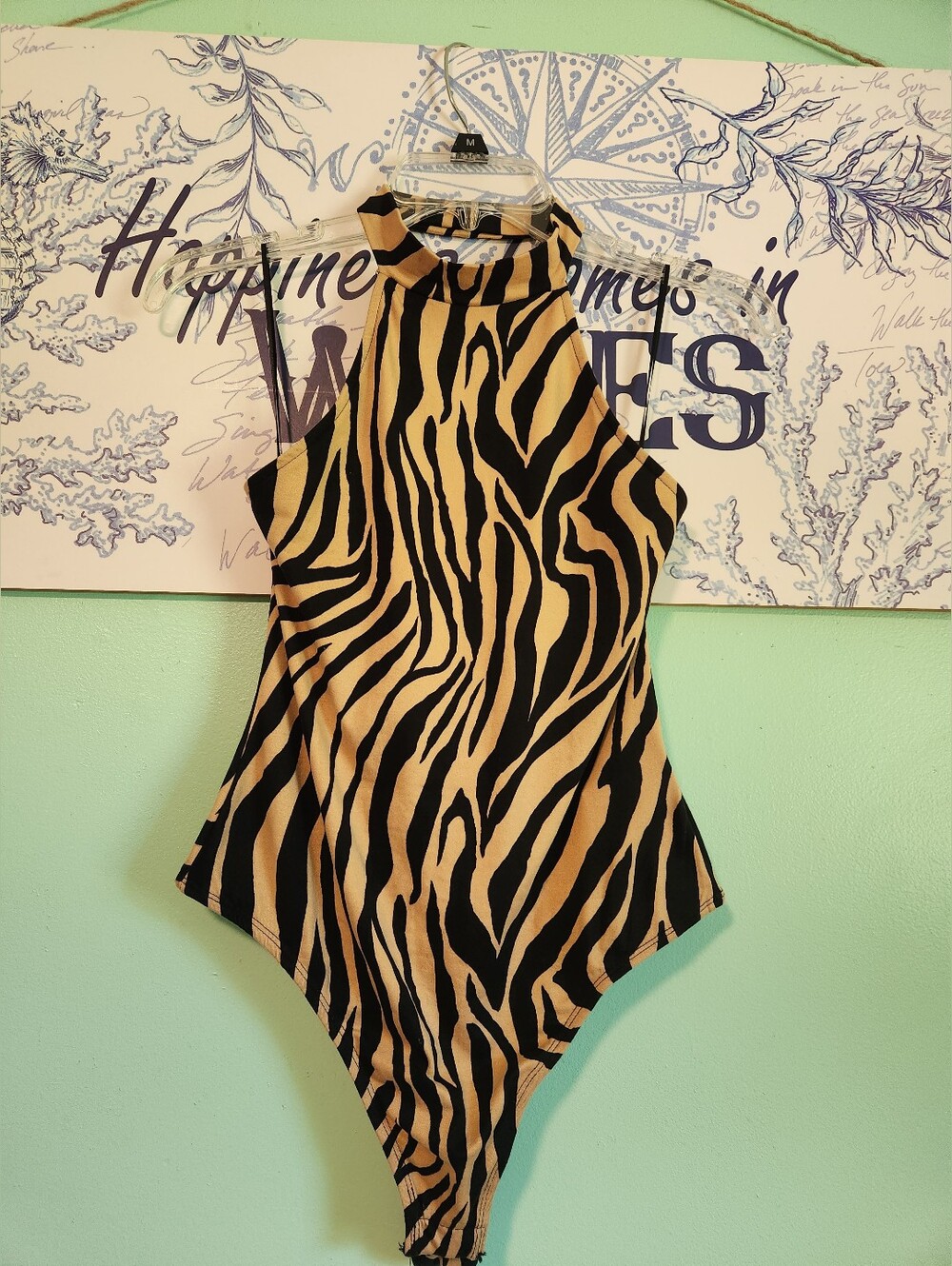 Fashion Nova Zebra-Print High Neck Bodysuit - Black & Tan